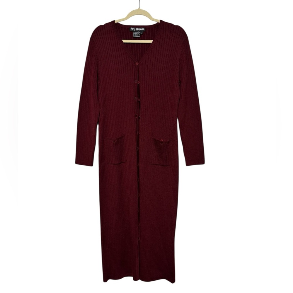 Nina Leonard Ribbed Knit Sweater Dress Size L Maroon Button Up Wool modest Fall